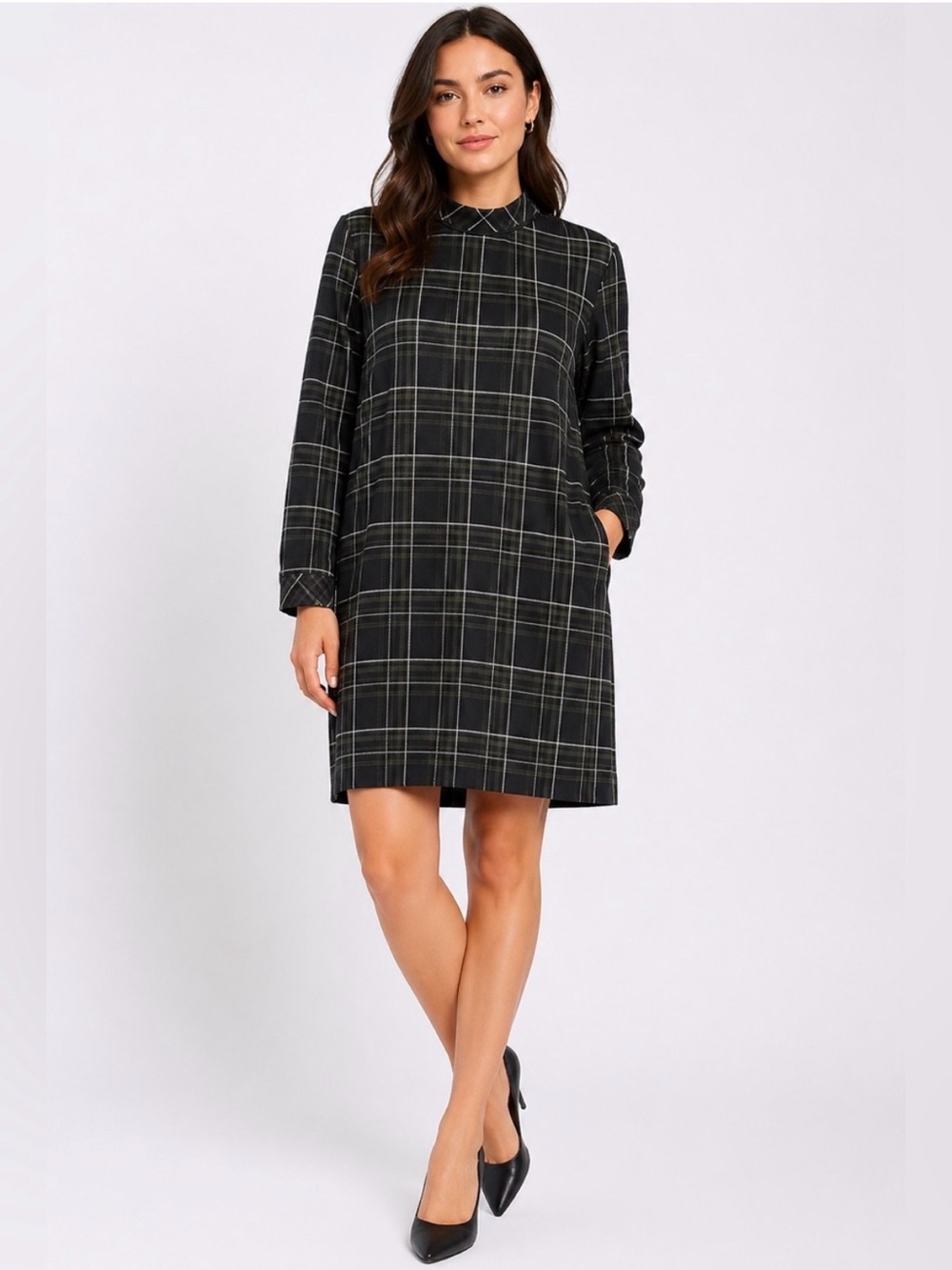 Zara Black Plaid Long-Sleeve Shift Dress